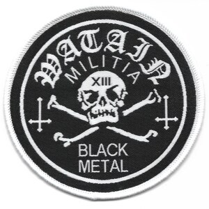 May include: Black and white embroidered patch with a skull and crossbones, the text "Wataz Militia" and "Black Metal" and the Roman numeral "XII" on the skull's forehead.