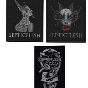 May include: Three black embroidered patches with white and gray designs. The first patch features a white and gray illustration of a creature with horns and wings. The second patch features a white and gray illustration of a face with a red mouth. The third patch features a white and gray illustration of a snake wrapped around a skull. All three patches have the text "Septicflesh" in white.