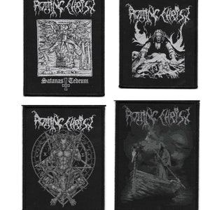 May include: Four black and white embroidered patches with the band name "Rotting Christ" printed at the top. The patches feature various images including a religious scene, a figure in a boat, a figure with a crown of thorns, and a figure with a pentagram.