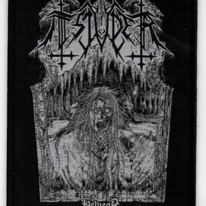 May include: Black and white embroidered patch with the band name "HELVEGR" and a graphic of a figure with long hair and a screaming face.