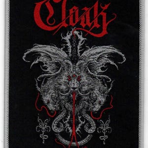 May include: Black and red embroidered patch with the word "Cloak" in a gothic font and a detailed image of a multi-headed serpent with wings.