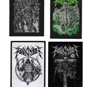 May include: Four black and white embroidered patches with the band name "RELOCATION" in a gothic font. The patches feature different images, including a creature with tentacles, a demon with horns, a cross with a creature on it, and a group of hands reaching up.