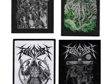 May include: Four black and white embroidered patches with the band name "RELOCATION" in a gothic font. The patches feature different images, including a creature with tentacles, a demon with horns, a cross with a creature on it, and a group of hands reaching up.