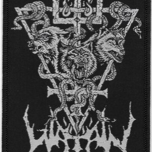 May include: Black patch with a white, detailed design. The design features three snarling wolf heads, snakes, a trident, and the word "VAVAL" in a gothic font. The patch has a black border.