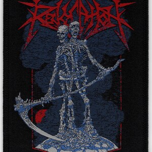May include: Black patch featuring a blue and white illustration of two skeletal figures holding a scythe. The word "REVELATOR" is in red at the top. The background is dark blue with a red border.