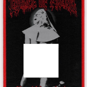 May include: Black patch with a red border featuring the band name "Cradle of Filth" in red gothic lettering. The patch depicts a grayscale image of a person in a habit, with the text "Vestal Masturbation" in red.