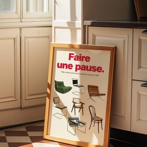 Framed chair illustration poster with clean, minimalist layout and beige background.