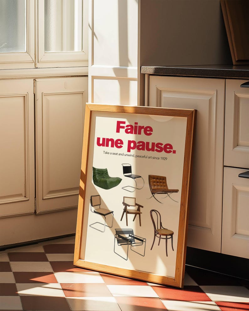 Framed chair illustration poster with clean, minimalist layout and beige background.