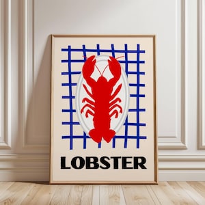 Plakat z homarami | Prezent estetyczny na wybrzeże, Sztuka ścienna na wybrzeżu, Sztuka ścienna oceanu, Sztuka wózka barowego, Sztuka ścienna do łazienki w stylu retro, Dekoracja dopaminowa, Maksymalista