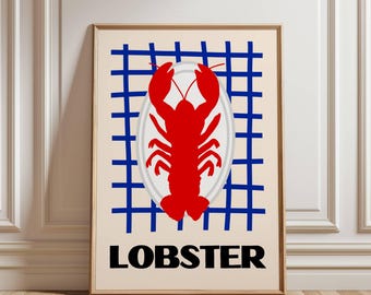 Op de afbeelding: Een poster met een rode kreeft op een wit bord tegen een blauw-wit rasterpatroon. De tekst "LOBSTER" is in zwart onderaan de poster gedrukt.