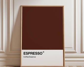 Op de afbeelding: Een ingelijste poster met een bruine achtergrond en de tekst "ESPRESSO® Coffee Essence".
