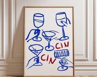 Op de afbeelding: Een witte poster met blauwe en rode illustraties van verschillende soorten glazen. De tekst "CIN CIN" is in rood geschreven.