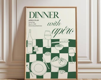 Op de afbeelding: Een groene en witte illustratie van een dinertafel met een fles wijn, glazen en een bord met eten. De tekst "DINNER with apéro" is geschreven in een vet, sans-serif lettertype.
