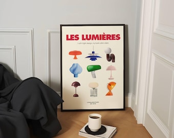 Op de afbeelding: Een ingelijste poster met de titel "LES LUMIÈRES" en diverse kleurrijke lampontwerpen. Een witte koffiekop staat op een boek op de vloer, voor een lichte muur.