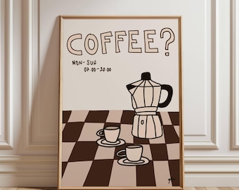 Op de afbeelding: Een bruine en witte illustratie van een koffiepot en twee kopjes koffie op een geruite achtergrond. De tekst "COFFEE?" staat bovenaan de afbeelding. De tekst "MON-SUN 07:00-20:00" staat onder het woord "COFFEE?"