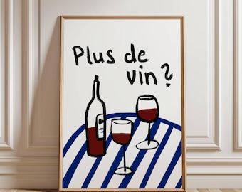 May include: A white poster with blue and white stripes and the text "Plus de vin?" in black. A bottle of red wine and two glasses of red wine are on the table.