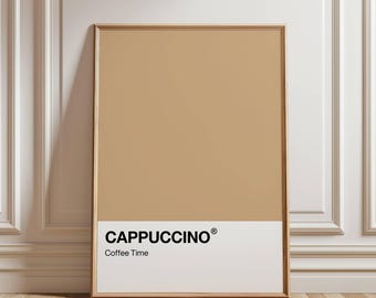 Op de afbeelding: Een ingelijst afdruk met een bruine achtergrond en witte tekst die "CAPPUCCINO® Coffee Time" luidt.