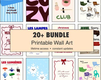 Op de afbeelding: Een verzameling printbare wandkunstprints met diverse ontwerpen. De prints bevatten tekst zoals "COZY", "MATCH CLUB" en "I think we should stay in bed". De bundel bevat levenslange toegang en constante updates.