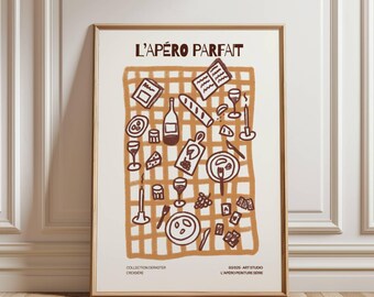 Op de afbeelding: Een bruine en witte illustratie van een picknickscène met de tekst "L'APÉRO PARFAIT" bovenaan. De illustratie bevat een geruit tafelkleed, wijnflessen, glazen, kaas, brood, druiven en andere picknickartikelen.