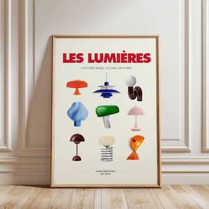 May include: A framed poster featuring the text "LES LUMI&Egrave;RES" in red, with the phrase "I call it light design, my bank calls it debt." Below are nine colorful illustrations of lamps. The bottom of the poster reads "LEVKALADE STUDIO EST. 2019."