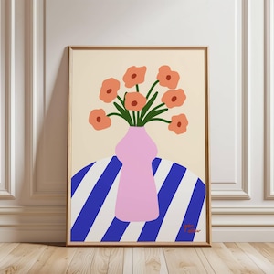 Póster de florero, impresión artística de flores coloridas, decoración de pared de florero rosa, arte botánico moderno