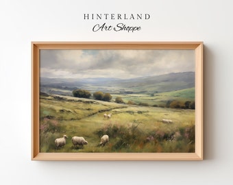 Sheep Landscape Painting, Green Countryside Wall Art (Printable)