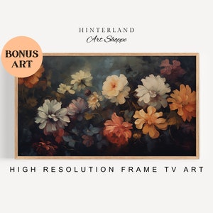 Stimmungsvolle Blumenmuster Samsung Frame TV Art, Dunkle Blumenmalerei, Botanische Kunst für Frame TV, Frühlingsbauernhausdekor, Herunterladbare TV Art # 4