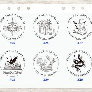 May include: A sheet of six circular library stamps with various designs. Each stamp features the phrase "From the Library of" and a name. Designs include a sword, books, a cup, a dragon, a cat, and a snake.
