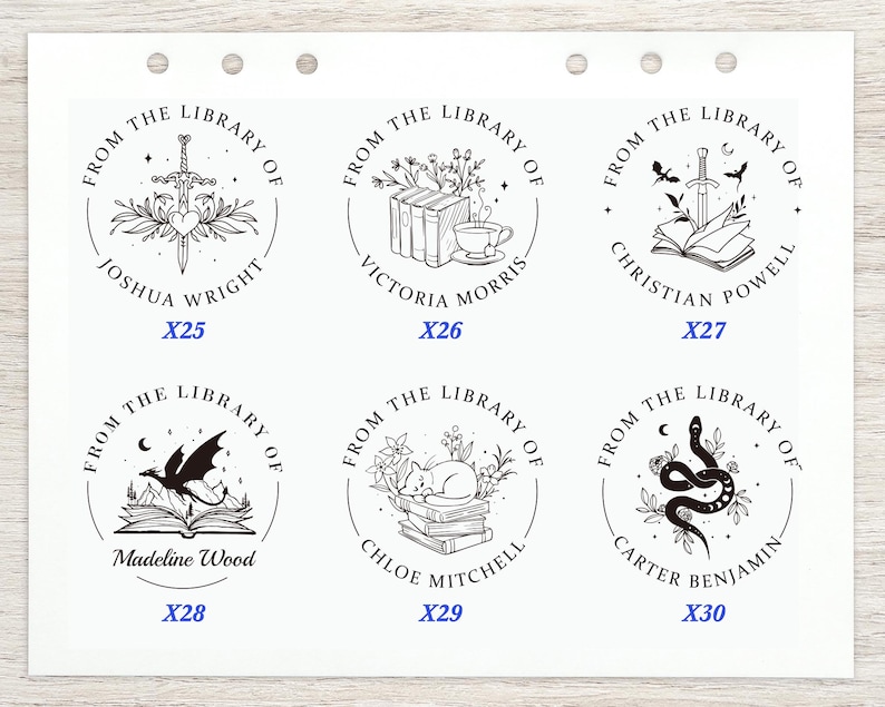 May include: A sheet of six circular library stamps with various designs. Each stamp features the phrase "From the Library of" and a name. Designs include a sword, books, a cup, a dragon, a cat, and a snake.