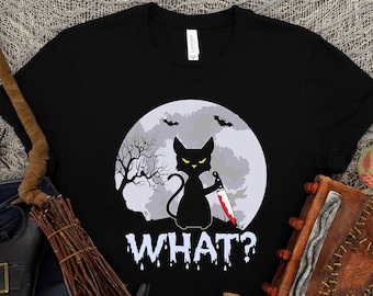 Funny Black Cat With Knife Shirt - Halloween Horror Graphic Tee