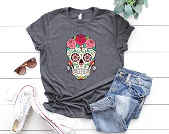 Sugar Skull Flower Crown, Day of the Dead Shirt, Halloween T-Shirts, T-shirt For Women, Flower Skull Shirt, Halloween Party Shirt, Rose Tee