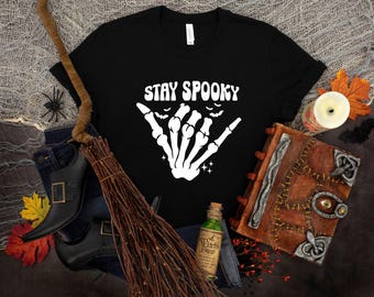 Stay Spooky Shirt, Skeleton Hand Shirt, Funny Halloween Shirt, Halloween Gift, Spooky Skeleton, Spooky Vibes,Groovy T-Shirt, Halloween Party