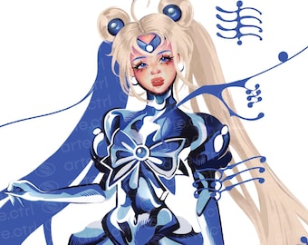Lámina artística inspirada en Sailor Moon: Ilustración de anime de chica mágica, decoración fanart de armadura azul