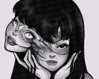 Wydruk artystyczny inspirowany Tomie – ilustracja dziewczyny z horroru w stylu Junji Ito, przerażająca dekoracja ścienna w stylu mangi