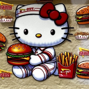 May include: A white Hello Kitty character wearing a red and white In-N-Out Burger uniform holding a burger. The background is filled with In-N-Out Burger themed stickers, including burgers, fries, and drinks.
