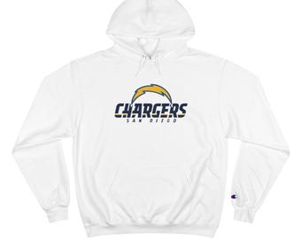 May include: White hooded sweatshirt with the Chargers logo in navy blue, gold, and white. The logo features a lightning bolt and the text "CHARGERS SAN DIEGO". The sweatshirt has a front pocket and a Champion logo on the sleeve.