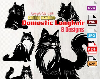 Domestic Longhair Cat Vector SVG Silhouettes,Cat SVG PNG Eps Dxf,Cricut Cutting,Laser Engraving,clip art ,Shirt svg,Wall Art,Print on Demand