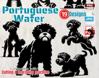 19 Portuguese Water Dog bundle, Silhouettes svg png,Peeking Dog PNG,vector digital,Puppy,Cutting Laser Engraving,clipart, tShirt,Wall Art