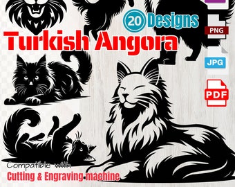 Turkish Angora Cat Vector SVG Silhouettes, Cat SVG PNG Eps Dxf, Cricut Cutting, Laser Engraving, clip art,Shirt svg,Wall Art,Print on Demand