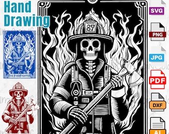 The Firefighter Funny Tarot Card PNG,skeleton tarot,Fire Fighter svg,US Fire Fighter,Fire Dept,Skull T-Shirt Mug PNG File Digital Download