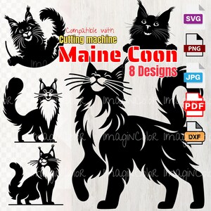 Silhuetas SVG de vetor de gato Maine Coon, gato SVG PNG Eps Dxf, corte cricut, gravação a laser, clip art, camisa svg, arte de parede, impressão sob demanda