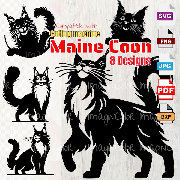 Maine Coon Cat Vector SVG Silhouettes, Cat SVG PNG Eps Dxf, Cricut Cutting, Laser Engraving, clip art ,Shirt svg,Wall Art,Print on Demand