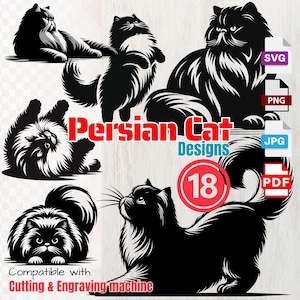 Siluetas SVG vectoriales de gato persa, gato SVG PNG Eps Dxf, corte Cricut, grabado láser, imágenes prediseñadas, camisa svg, arte de pared, impresión a pedido