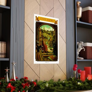 Może przedstawiać: Winietyczny plakat z fantazyjną ilustracją krajobrazu fantasy. Plakat przedstawia zamek w oddali, kręta ścieżkę i grupę postaci na pierwszym planie. Tekst "UNIX VIEWS" jest wyświetlany na złotej wstędze u góry plakatu.