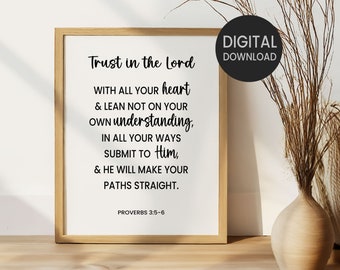 Proverbs 3:5-6, Trust In The Lord With All Your Heart Printable Wall Art, Bible Verse Christian Home Decor, Family Nursery Room