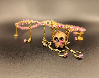 Skull necklace with beads, magic necklace, enchanted jewelry, fantasy pendant, gold, handmade, antique Academia accessory