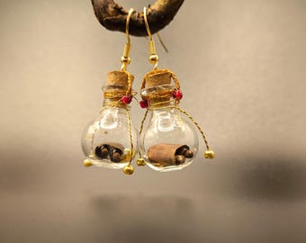 Magic potion earrings with small scroll, magical earrings, enchanted jewelry, fantasy potion pendant, gold round, handmade