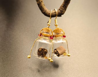 Potion earrings with small scroll, magic earrings, enchanted jewelry, gold potion pendant, handmade fantasy outfit