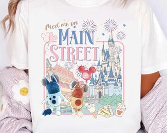 Meet Me On Main Street Shirt, Retro Blue Dog Besties Tee, Magic Kingdom Castle Tee, Disney Girls Trip Gift