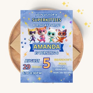 Girl Super Kitties Birthday Invitation Template Super Kitties Invitation Digital Cat Girl Invite Template Kitty Cat Party Invite